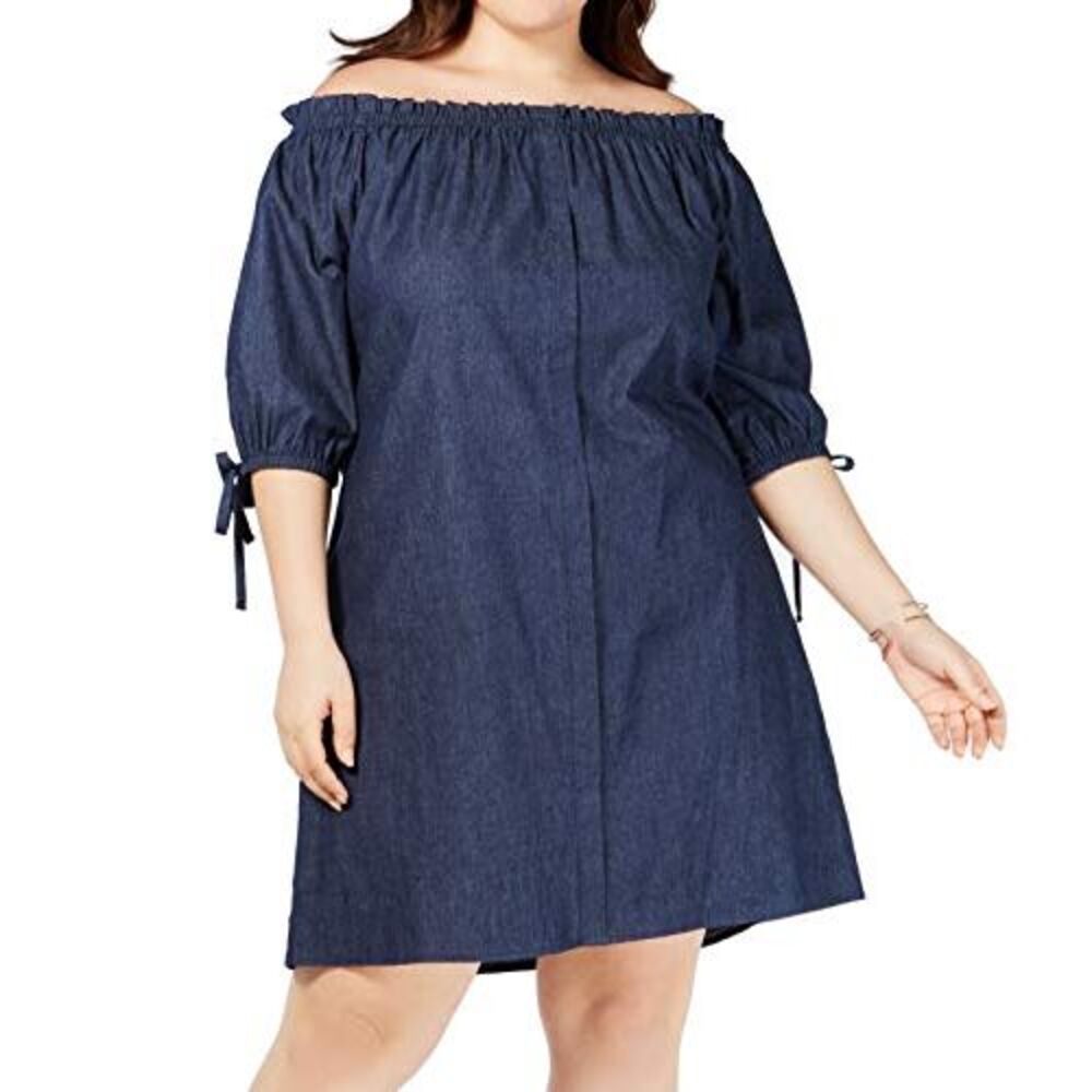 Trendy Plus Size Cotton Chambray Dress Blue 3X